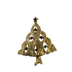 Vintage Christmas Tree Brooch Pin Gold Tone Rhinestones 1.75" Star Holiday